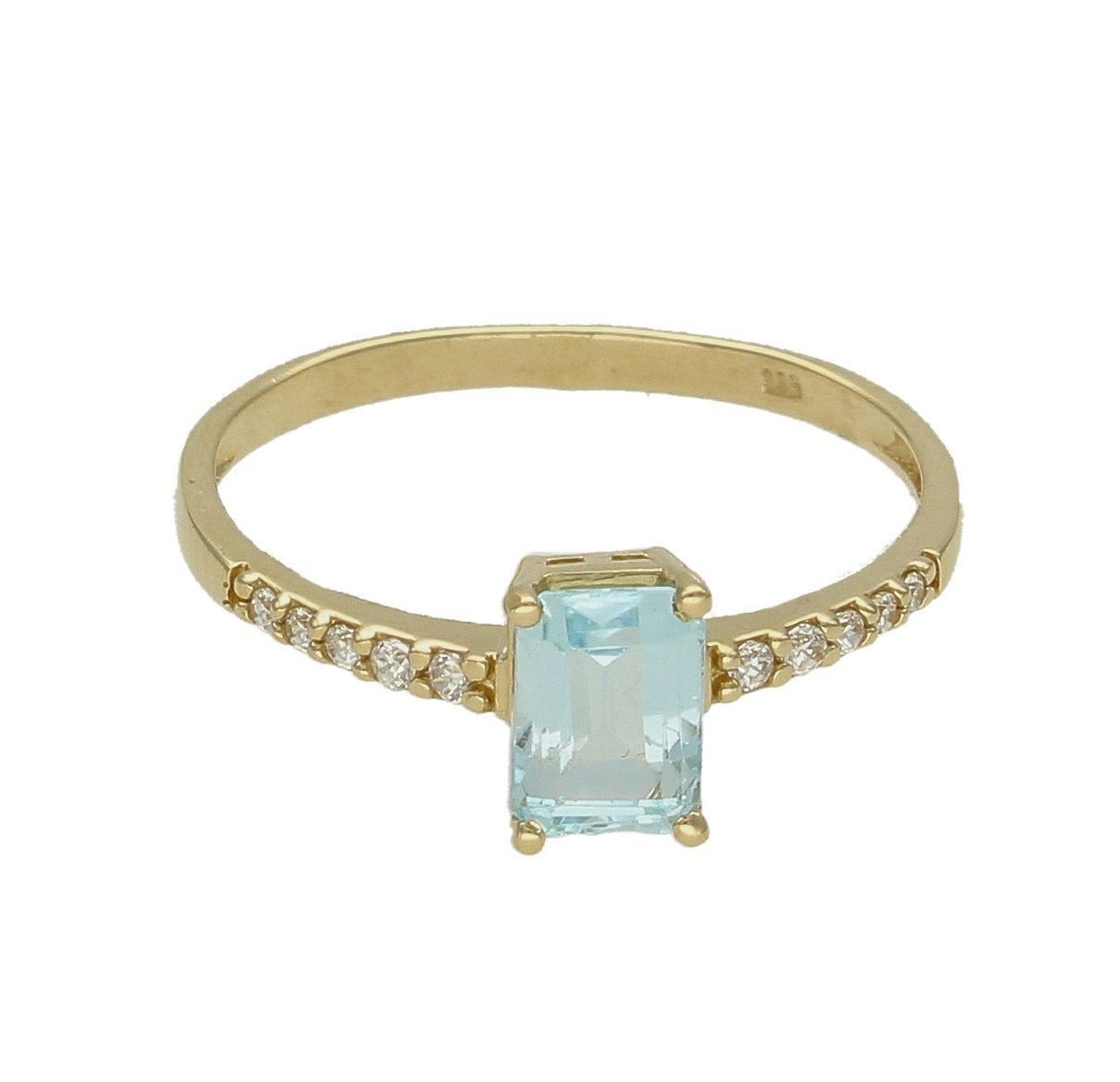 Złoty pierścionek 585 z topazem i cyrkoniami  PI 5381A. Pierścionek został wykonany z wysokiej jakości złota próby 585. Waga pierścionka wynosi około 1,93-1,99 gram. Złoty pierścionek w klasycznej odsłonie świetnie się spraw.jpg